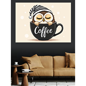 Kahve Fincanında Baykuş Dekoratif Kanvas - Mdf Ahşap Tablo