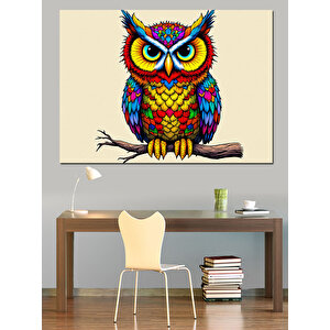 Renkli Baykuş Dekoratif Kanvas - Mdf Ahşap Tablo 50x70 cm