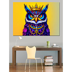 Kraliyet Taçlı Mor Baykuş Dekoratif Kanvas - Mdf Ahşap Tablo 70x100 cm
