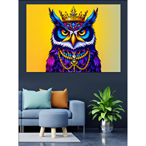 Kraliyet Taçlı Mor Baykuş Dekoratif Kanvas - Mdf Ahşap Tablo