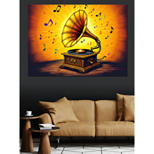 Gramofonlu Müzik Notaları Uçuşuyor Dekoratif Kanvas - Mdf Ahşap Tablo 100x140 cm