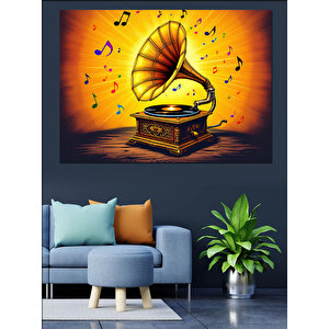 Gramofonlu Müzik Notaları Uçuşuyor Dekoratif Kanvas - Mdf Ahşap Tablo 100x140 cm