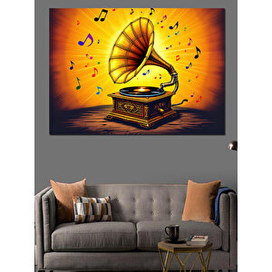 Gramofonlu Müzik Notaları Uçuşuyor Dekoratif Kanvas - Mdf Ahşap Tablo 100x140 cm