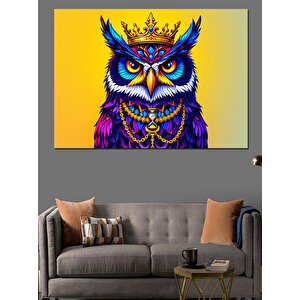 Kraliyet Taçlı Mor Baykuş Dekoratif Kanvas - Mdf Ahşap Tablo 100x140 cm