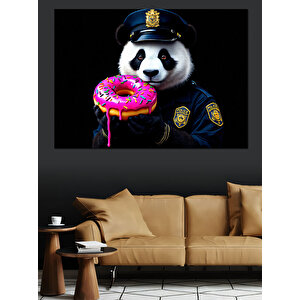 Donut Tutan Polis Panda Dekoratif Kanvas - Mdf Ahşap Tablo 70x100 cm