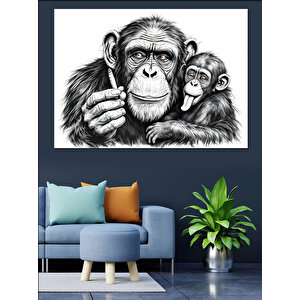 Baba Ve Yavru Maymun Dekoratif Kanvas - Mdf Ahşap Tablo 70x100 cm