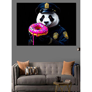 Donut Tutan Polis Panda Dekoratif Kanvas - Mdf Ahşap Tablo