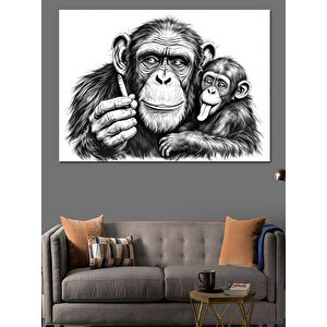 Baba Ve Yavru Maymun Dekoratif Kanvas - Mdf Ahşap Tablo 25x35 cm