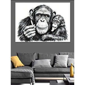 Baba Ve Yavru Maymun Dekoratif Kanvas - Mdf Ahşap Tablo