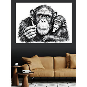 Baba Ve Yavru Maymun Dekoratif Kanvas - Mdf Ahşap Tablo