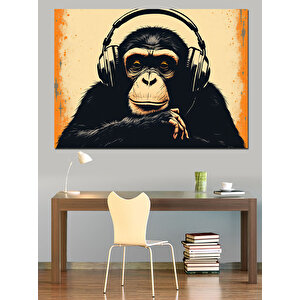 Kulaklıklı Müzik Dinleyen Maymun Dekoratif Kanvas - Mdf Ahşap Tablo 25x35 cm