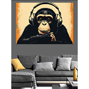 Kulaklıklı Müzik Dinleyen Maymun Dekoratif Kanvas - Mdf Ahşap Tablo 25x35 cm