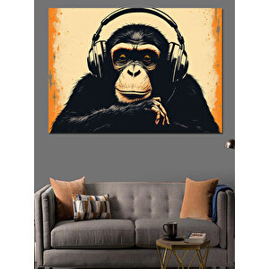 Kulaklıklı Müzik Dinleyen Maymun Dekoratif Kanvas - Mdf Ahşap Tablo 70x100 cm