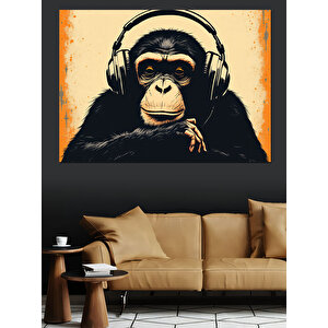 Kulaklıklı Müzik Dinleyen Maymun Dekoratif Kanvas - Mdf Ahşap Tablo