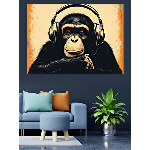 Kulaklıklı Müzik Dinleyen Maymun Dekoratif Kanvas - Mdf Ahşap Tablo
