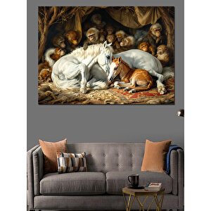 Maymunlarla Uyuyan Atlar Dekoratif Kanvas - Mdf Ahşap Tablo 70x100 cm