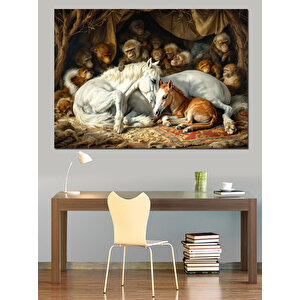 Maymunlarla Uyuyan Atlar Dekoratif Kanvas - Mdf Ahşap Tablo 70x100 cm