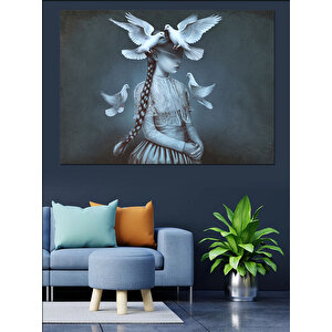 Beyaz Güvercinli Kız Dekoratif Kanvas - Mdf Ahşap Tablo 70x100 cm
