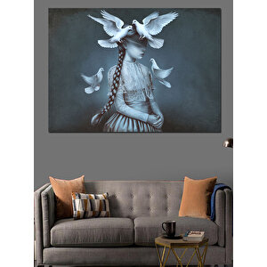Beyaz Güvercinli Kız Dekoratif Kanvas - Mdf Ahşap Tablo 70x100 cm