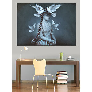 Beyaz Güvercinli Kız Dekoratif Kanvas - Mdf Ahşap Tablo 70x100 cm