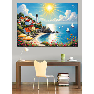 Deniz Fenerli Yaz Kasabası Dekoratif Kanvas - Mdf Ahşap Tablo 100x140 cm