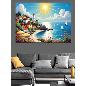 Deniz Fenerli Yaz Kasabası Dekoratif Kanvas - Mdf Ahşap Tablo 100x140 cm