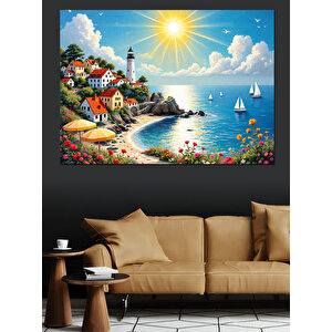 Deniz Fenerli Yaz Kasabası Dekoratif Kanvas - Mdf Ahşap Tablo 100x140 cm