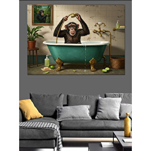 Banyoda Müzik Keyfi Maymun Dekoratif Kanvas - Mdf Ahşap Tablo 70x100 cm