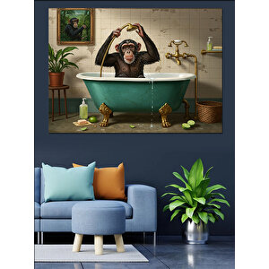 Banyoda Müzik Keyfi Maymun Dekoratif Kanvas - Mdf Ahşap Tablo