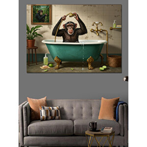 Banyoda Müzik Keyfi Maymun Dekoratif Kanvas - Mdf Ahşap Tablo