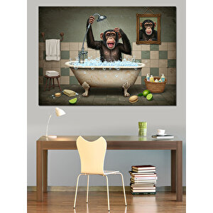 Maymun Küvette Banyosu Dekoratif Kanvas - Mdf Ahşap Tablo