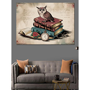 Kitap Üstünde Bilge Baykuş Dekoratif Kanvas - Mdf Ahşap Tablo 100x140 cm