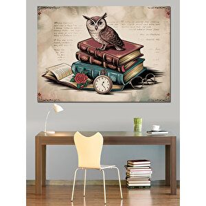 Kitap Üstünde Bilge Baykuş Dekoratif Kanvas - Mdf Ahşap Tablo 100x140 cm
