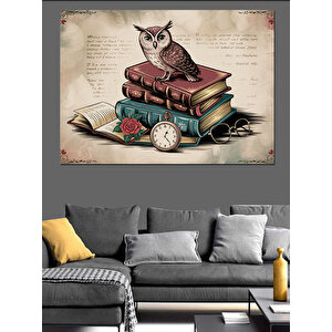 Kitap Üstünde Bilge Baykuş Dekoratif Kanvas - Mdf Ahşap Tablo 100x140 cm