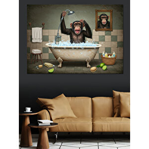 Maymun Küvette Banyosu Dekoratif Kanvas - Mdf Ahşap Tablo 25x35 cm