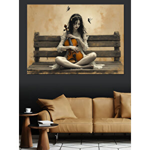 Bankta Oturan Kemanlı  Kız Dekoratif Kanvas - Mdf Ahşap Tablo 25x35 cm