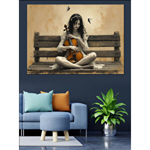 Bankta Oturan Kemanlı  Kız Dekoratif Kanvas - Mdf Ahşap Tablo 25x35 cm