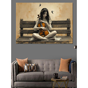 Bankta Oturan Kemanlı  Kız Dekoratif Kanvas - Mdf Ahşap Tablo 25x35 cm