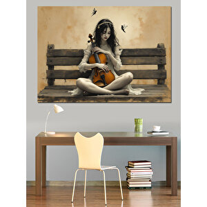 Bankta Oturan Kemanlı  Kız Dekoratif Kanvas - Mdf Ahşap Tablo