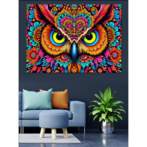 Renkli Baykuş Deseni Dekoratif Kanvas - Mdf Ahşap Tablo 50x70 cm