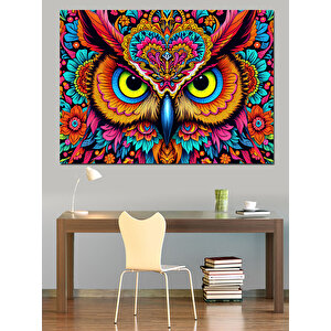 Renkli Baykuş Deseni Dekoratif Kanvas - Mdf Ahşap Tablo 50x70 cm