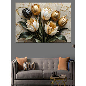 Altın Bronz Lale Buketi Dekoratif Kanvas - Mdf Ahşap Tablo 50x70 cm