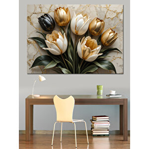 Altın Bronz Lale Buketi Dekoratif Kanvas - Mdf Ahşap Tablo 50x70 cm