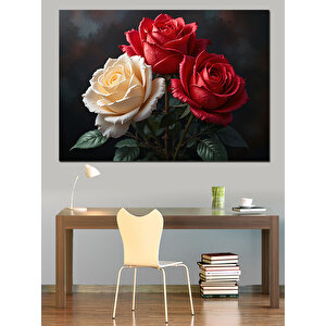 Kırmızı Beyaz Gül Buketi Dekoratif Kanvas - Mdf Ahşap Tablo 35x50 cm