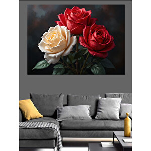 Kırmızı Beyaz Gül Buketi Dekoratif Kanvas - Mdf Ahşap Tablo 35x50 cm
