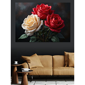 Kırmızı Beyaz Gül Buketi Dekoratif Kanvas - Mdf Ahşap Tablo 35x50 cm