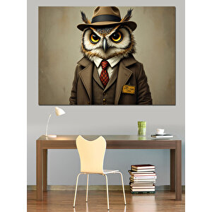 Şapkalı Baykuş Dedektif Dekoratif Kanvas - Mdf Ahşap Tablo 50x70 cm