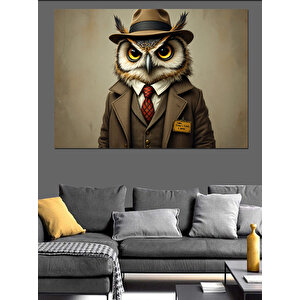 Şapkalı Baykuş Dedektif Dekoratif Kanvas - Mdf Ahşap Tablo 50x70 cm