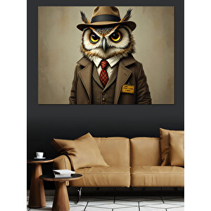 Şapkalı Baykuş Dedektif Dekoratif Kanvas - Mdf Ahşap Tablo 50x70 cm