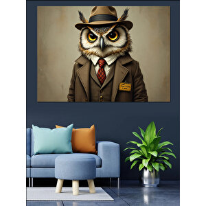 Şapkalı Baykuş Dedektif Dekoratif Kanvas - Mdf Ahşap Tablo